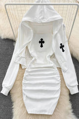 Set Wrap Hips Mini Dress And Full Sleeve Hooded Short Coats Two Piece