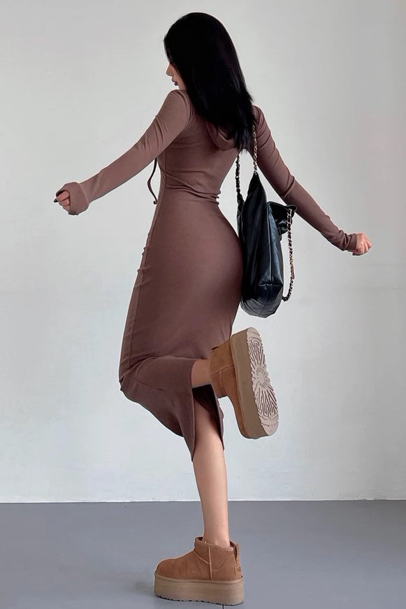 Hooded with Waistband for Slimming and Buttocks Wrapped Knit Long Dress