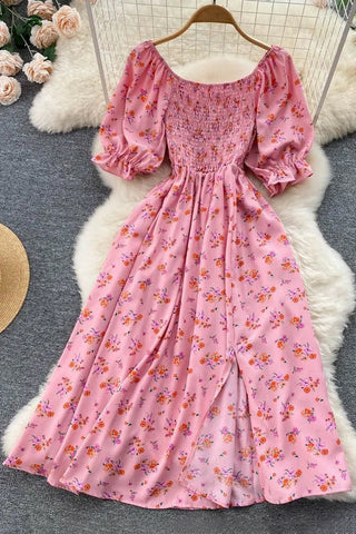 Romantic Floral Print Split Long Dress