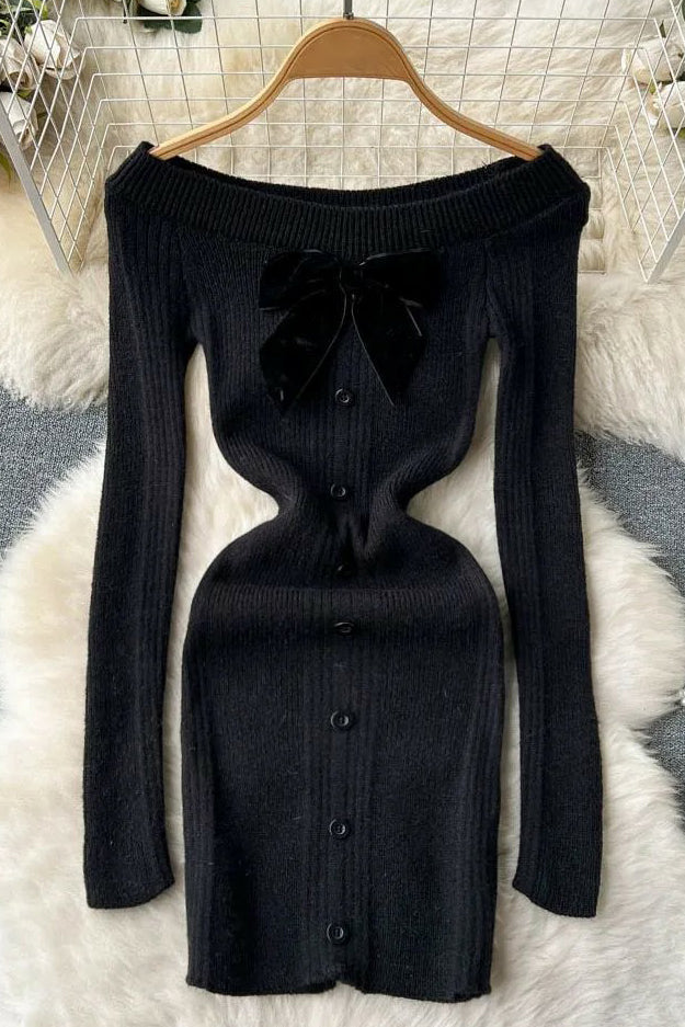 Bow Mini Dress Off Shoulders High Waist Knitted Bodycon Dress