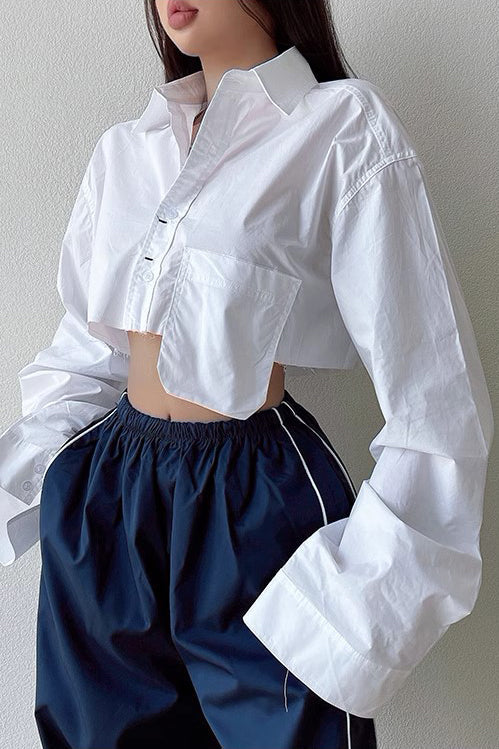 Tear Edge Exposed Navel White Shirt Lapel Loose Shirt