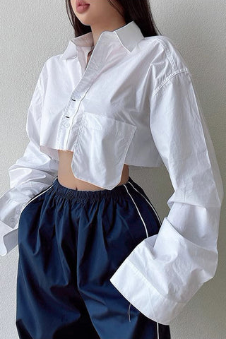 Tear Edge Exposed Navel White Shirt Lapel Loose Shirt