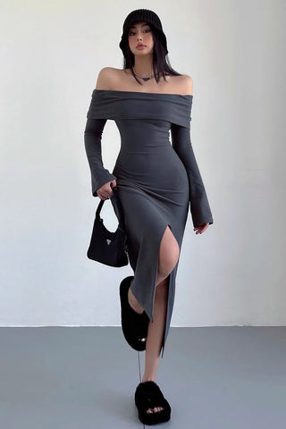 Sexy schulterfreies Kleid mit großem Revers und Schlitz