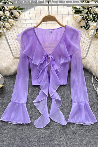 Ruffled Chiffon Blouse Flare Sleeve Transparent Ladies Sunscreen Shirt