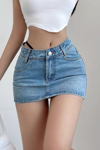 Irregular Beveled Low Waisted Drawstring Wrapped Buttocks Denim Short Skirt