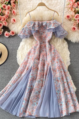 Romantic Lace Patchwork Floral Print Long Dress Off Shoulders High Split Party Dress