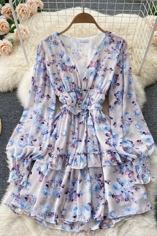 V-neck Buttons Corset Floral Print Short Chiffon Dress