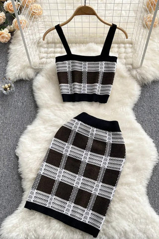 Two Piece Plaid Knitted Short Cami Tops and High Waist Elastic Skirts