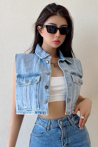 Short Casual Denim Vest Lapel Sleeveless Vest Jacket