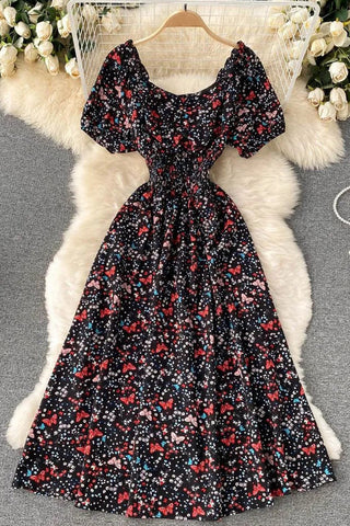 V-Neck Puff Sleeve Floral Print Elastic Corset Dress