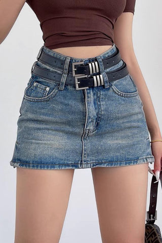 Double Belt High Waisted Buttocks Wrapped Denim Skirt