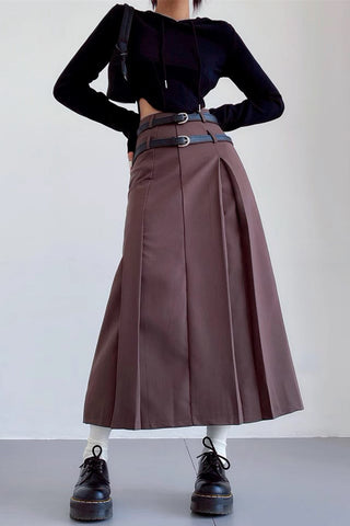 Double Belt Pleated High Waisted Long Skirt