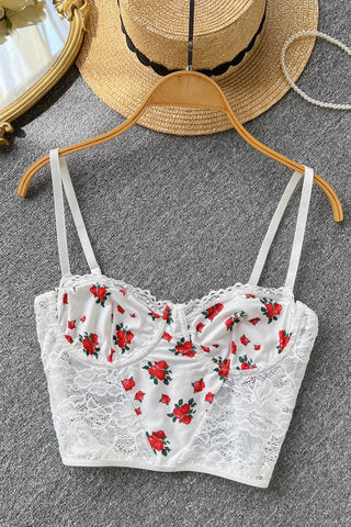 Casual Floral Print Lace Patchwork Corset Crop Tops Woman Tanks Camisoles