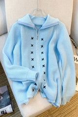 Cardigans Turn-down Collar Long Sleeve Zipper Knitwear Coat Casual Fitted Female Sweaters