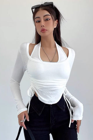 Halter Long Sleeve T-shirt Tight Short Bottom Tops