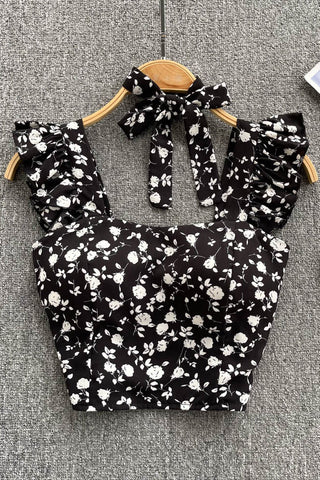 Damen Top mit quadratischem Ausschnitt, Schleife und Rüschen, kurzes Unterhemd, Blumenmuster, elastische Taille