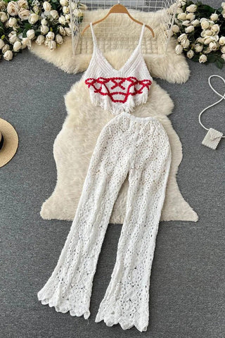 Urlaub Strand Gestrickte Camis Crop Tops + Hohe Taille Lange Hosen Urlaub Zwei Stück Anzüge