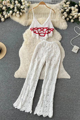 Vacation Beach Knitted Camis Crop Tops + High Waist Long Pants Holiday Two Piece Suits