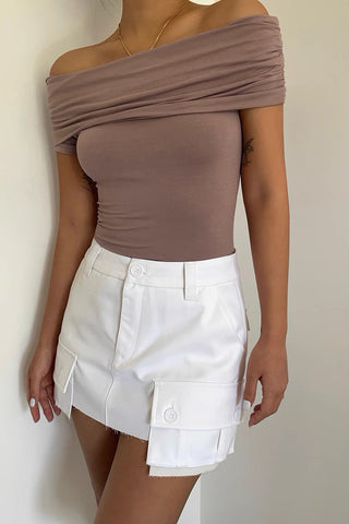 Off Shoulder Pleated Short Sleeved T-Shirt