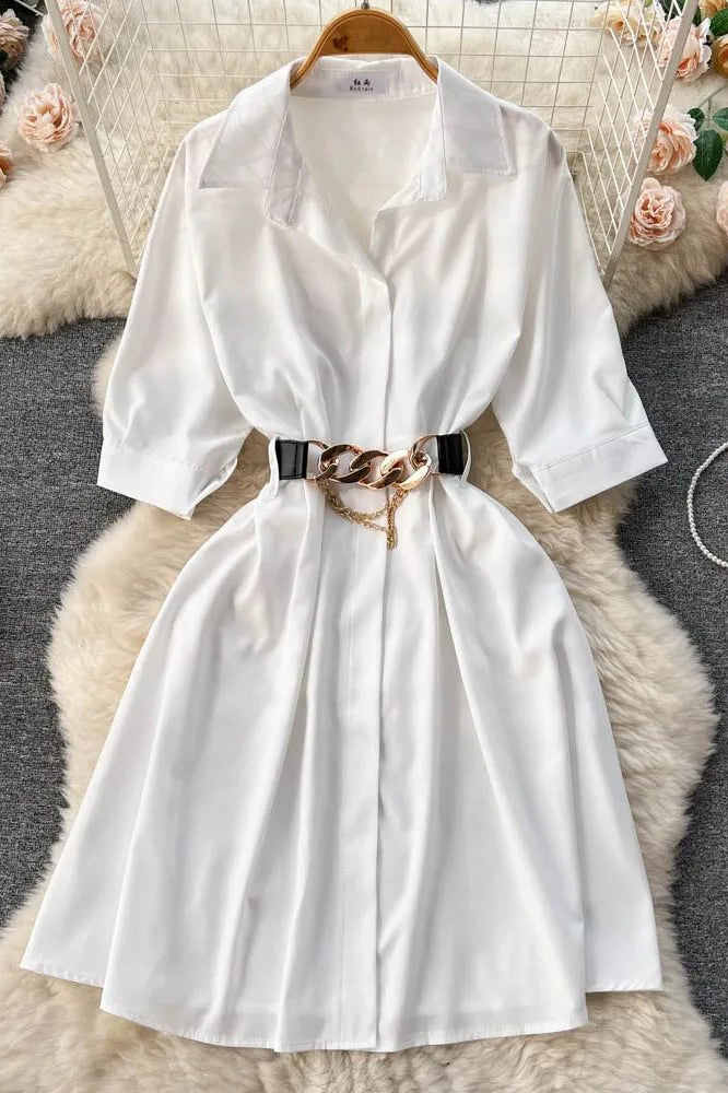 Elegant Vintage Turn-down Collar Casual A-line Shirt Dress