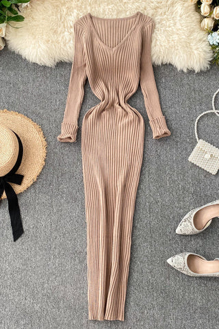 Knitted Dress V Neck Slim Elastic Sweater Dress Knit Warm Long Dress