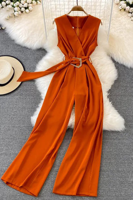 Elegant Office Long Wide Leg Pants With Belt Sleeveless Female Playsuits