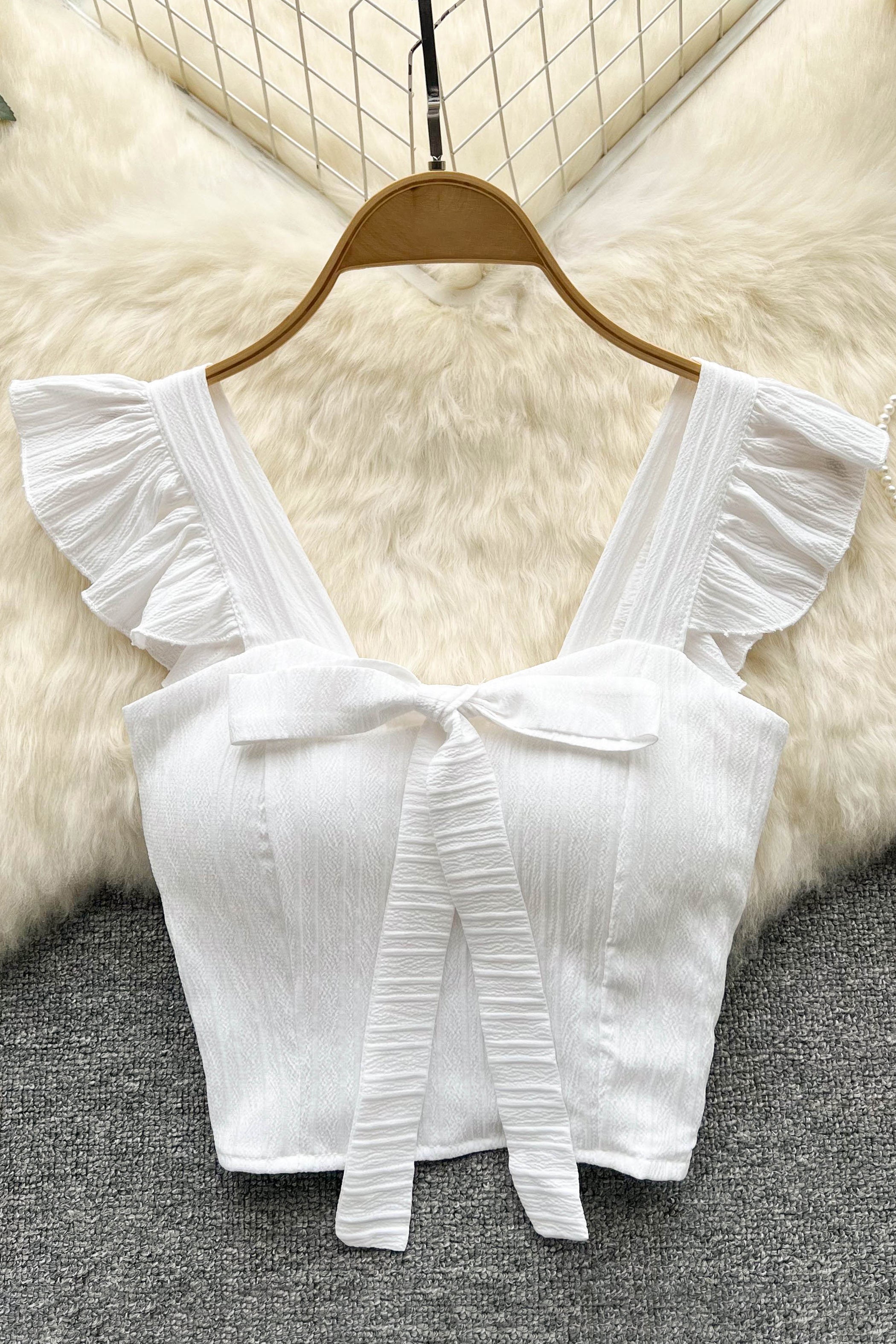 Ruffled Square Neck Sleeveless Bow Elastic Waist Strap Top Ladies Sweet Short Tank Top