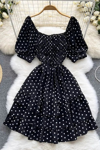 Elegant Cascading Ruffles Dress Vintage Puff Sleeve Print Polka Dot Short Party Dress