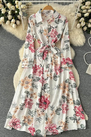 Colorful Floral Print Full Sleeve Shirt Dress Casual All Match Long Dress