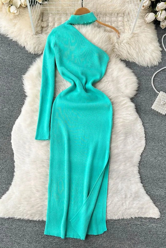 Knitted One Shoulder Split Long Party Dress