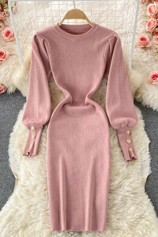 Elegant Puff Sleeve Slim Elastic Knitted Sweater Dress