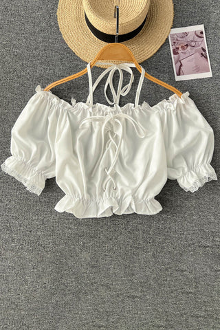 Chiffon Casual Blouse Elastic Waist Ruffled Off Shoulder Ladies Short Tops