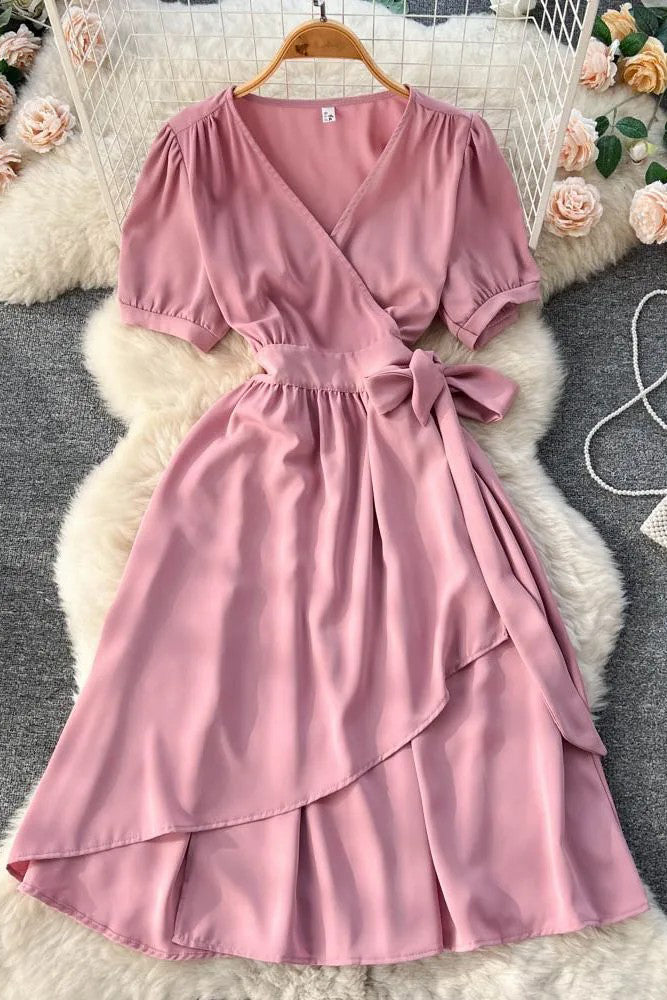 Elegant Puff Sleeve Lace-up Wrap Robe Femme Casual A-Line Long Dress