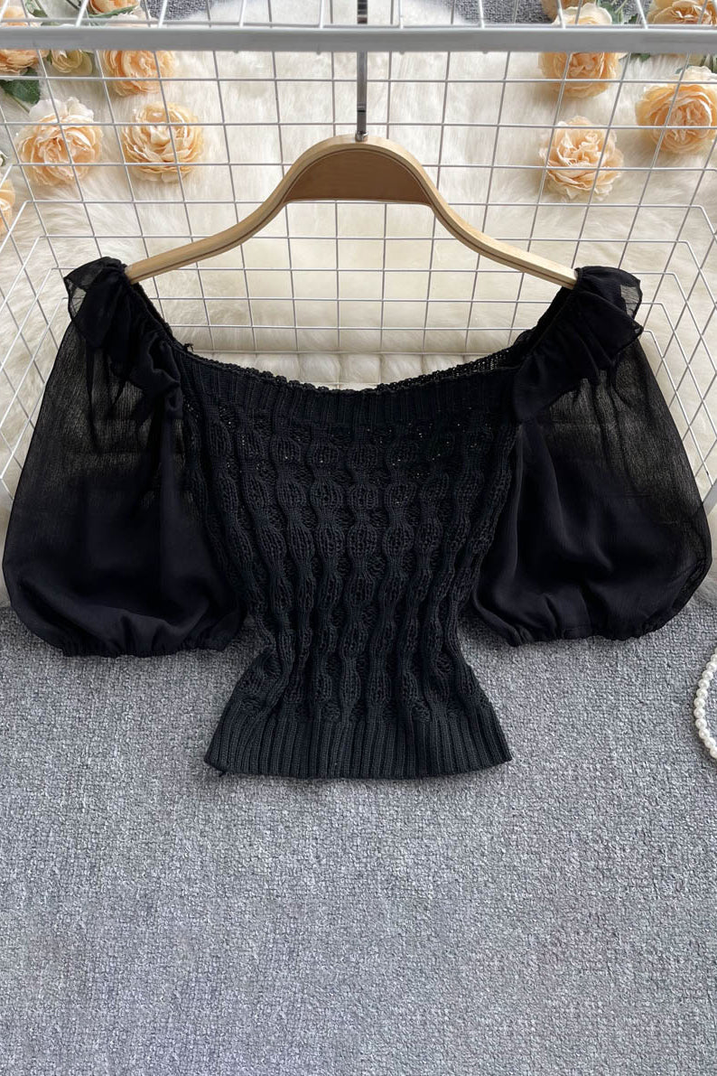 Gestrickte, gespleißte, kurze Bluse mit quadratischem Kragen und Rüschenärmeln, SheachTop, Damen-Oberteil mit elastischer Taille