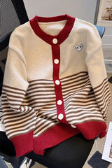 Knitted Cardigan Sweaters Casual O-neck Striped Knitwear Coats