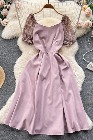 Robe longue élégante en dentelle à manches bouffantes et ceinture pour femme, tenue de soirée ou de vacances