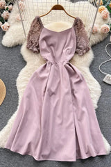 Elegant Lace Puff Sleeve Sash Bandage Dress Lady Vacation Party Long Dress
