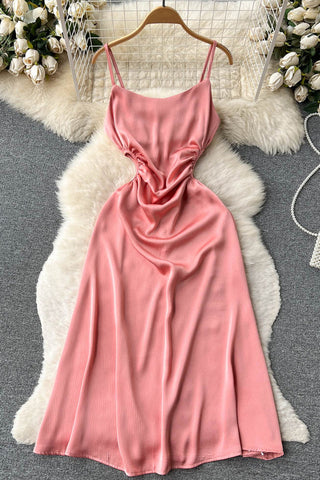 Satin Strap Urlaub Kleid Reißverschluss Rückenfrei Aushöhlen Elastische Taille Damen Kleider