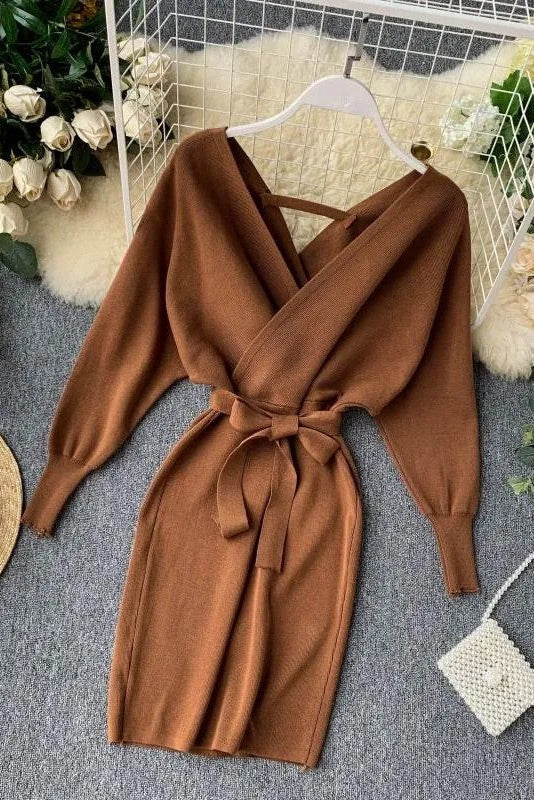 Robe pull tricotée à col en V, élégante, robe bandage pour femme