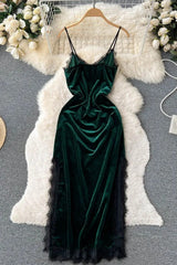 Elegant Lace Patchwork Straps Long Party Dress High Split Velvet Bodycon Dress