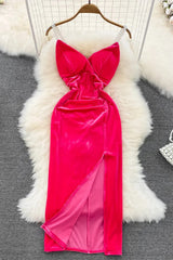 Romantic Pearl Straps Party Dress Elegant High Waist Split Velvet Long Dress