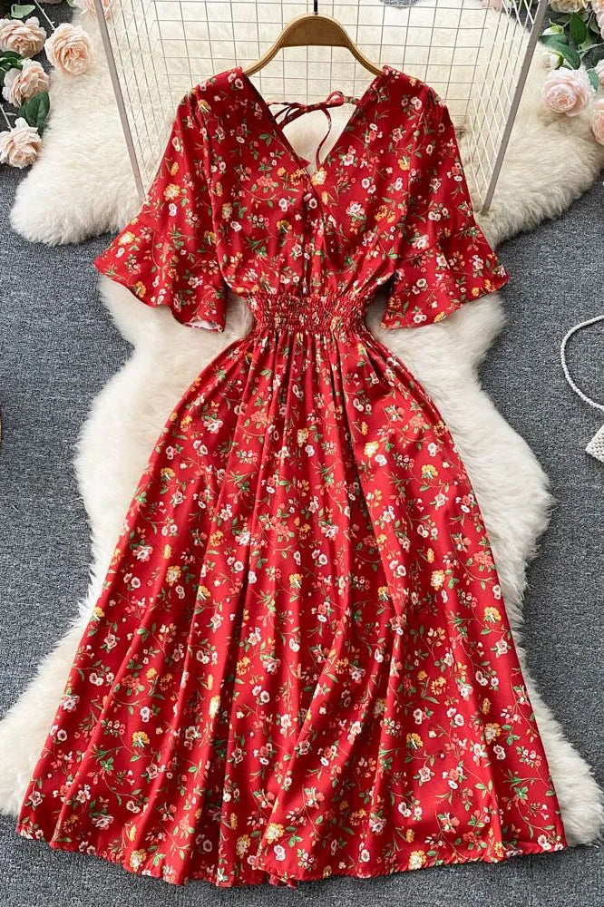 Floral Print Romantic Slim Elastic Waist Long Dress