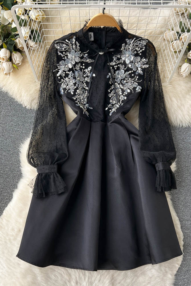 Patchwork Mesh Sequins Design Dress Zipper Lace Slim A Line Party Dresses