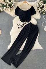 Ruched Design Two Piece Sets V Neck Crop Tops Elastic Waist Pocket Long Pants Suits