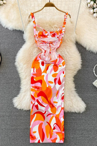 Colorful Print Straps Long Dress Vacation Bodycon Party Dress