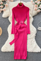 Elegant Turtleneck Knitted Sweater Dress with Belt Lady Wrap Hips Bodycon