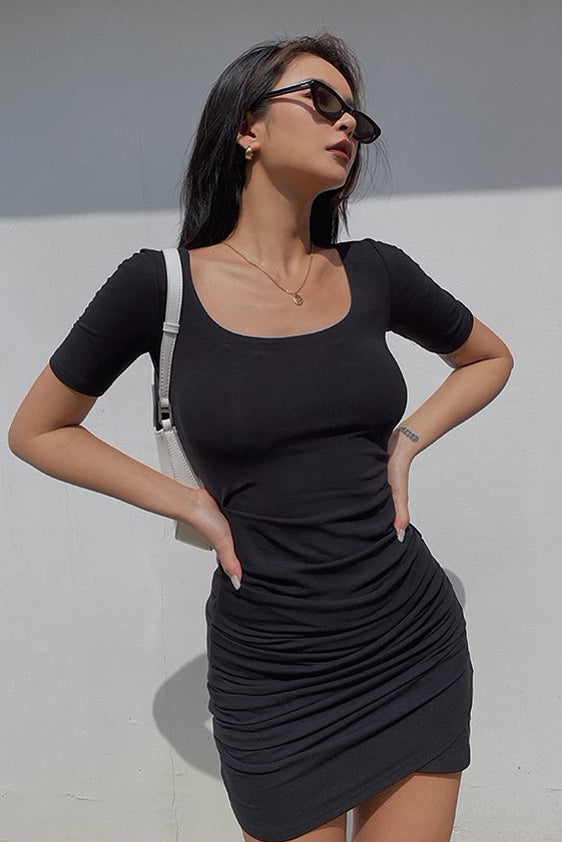 Sexy Low Cut Pleated and Asymmetrical Hem Round Neck Short Sleeved Hip Wrap Dress