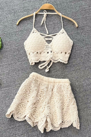 Stricken Sie zweiteilige Sets Urlaub Rückenfreies Camisole Elastische Taille Shorts Aushöhlen Anzüge