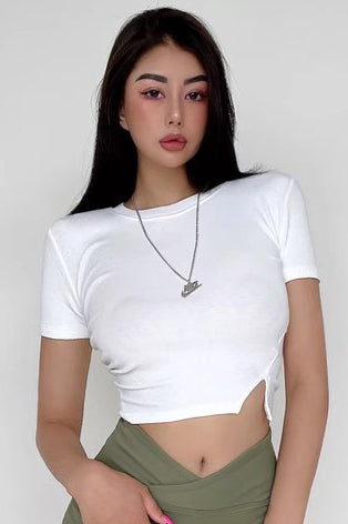 Round Neck Short Sleeve T-Shirt Small Split Crop Shirt Top Tee