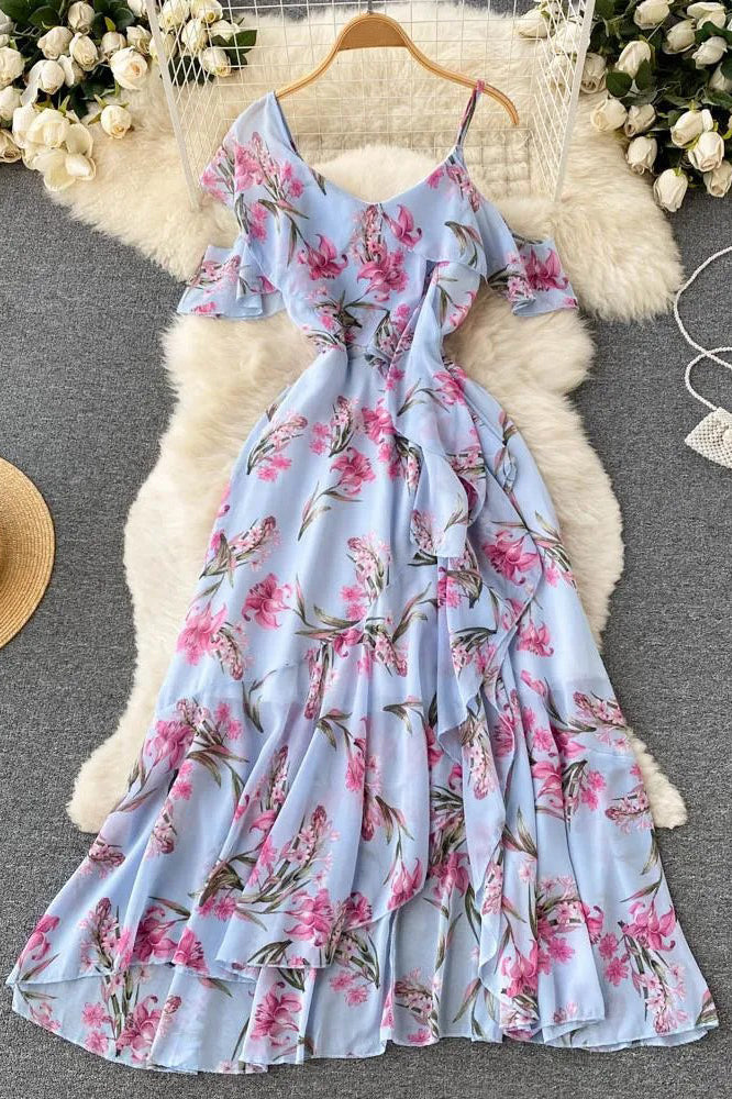 Romantic Ruffles Split Chiffon Beach Dress Elegant Flower Print One-Shoulder Vacation Long Dress